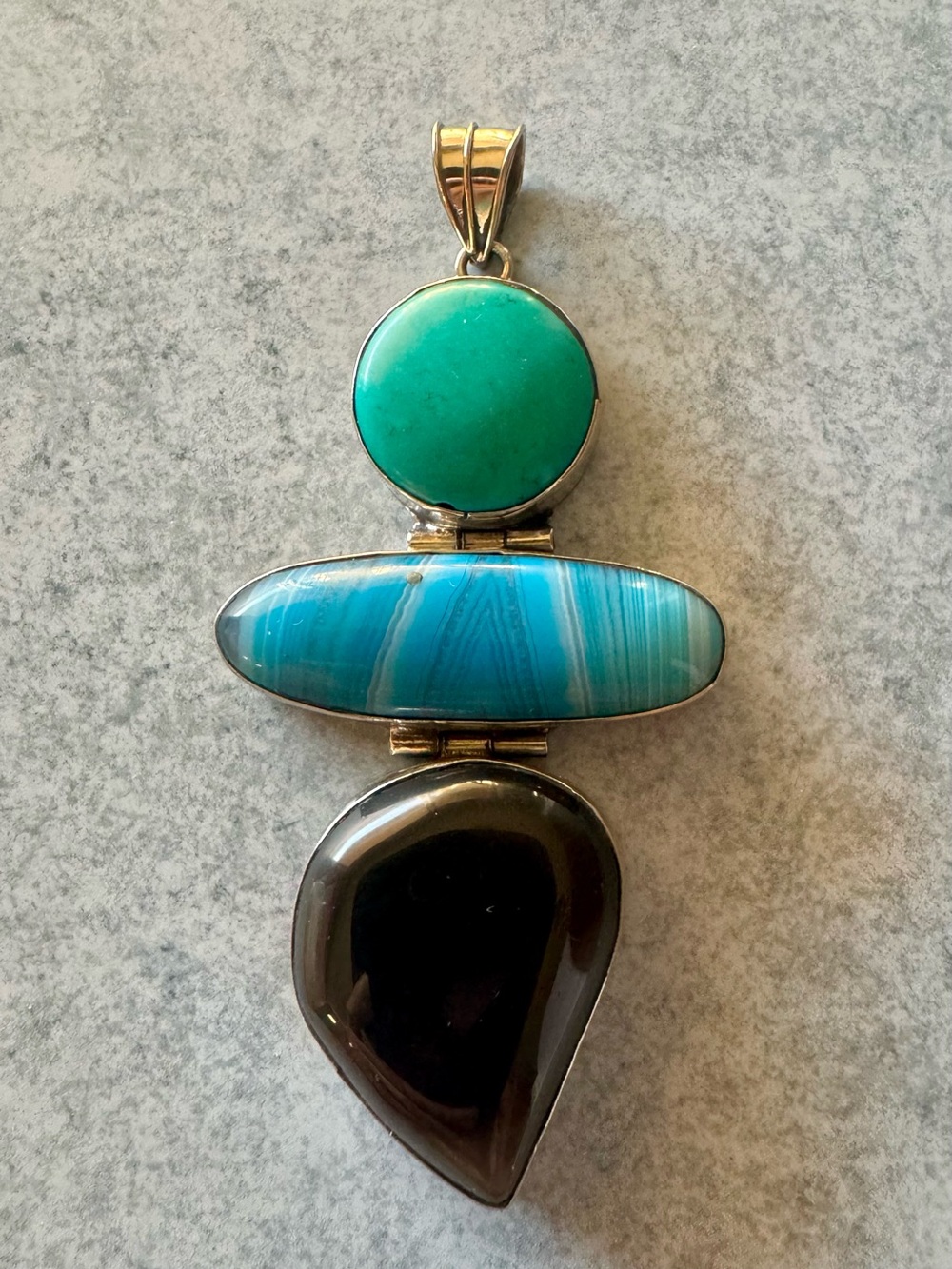 Turquoise, Teal & Black Triple- Blue Agate, Turquenite Stone Pendant in Silver